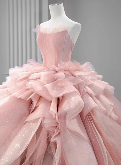 Gentle pink off-the-shoulder A-line tulle layered floor-length wedding dress P2752