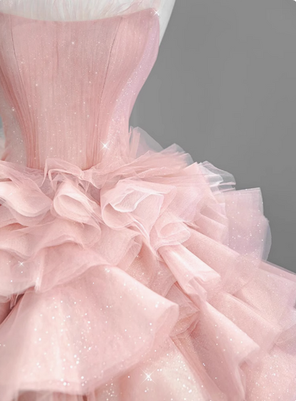 Gentle pink off-the-shoulder A-line tulle layered floor-length wedding dress P2752