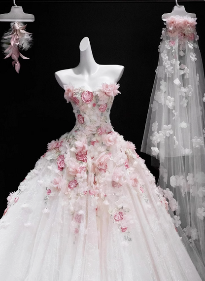 French style floral tube top white heavy duty luxurious floor length wedding dress P2754