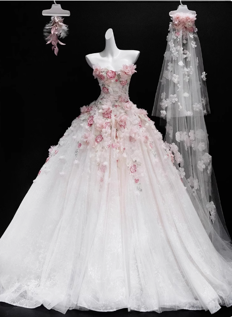 French style floral tube top white heavy duty luxurious floor length wedding dress P2754