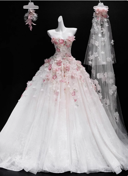 French style floral tube top white heavy duty luxurious floor length wedding dress P2754