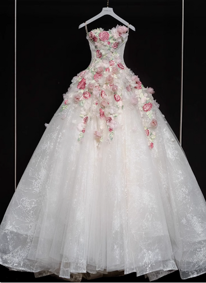 French style floral tube top white heavy duty luxurious floor length wedding dress P2754