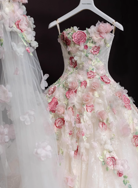 French style floral tube top white heavy duty luxurious floor length wedding dress P2754