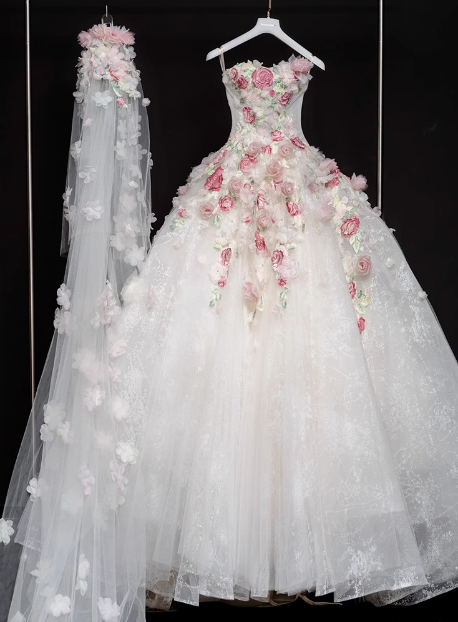 French style floral tube top white heavy duty luxurious floor length wedding dress P2754