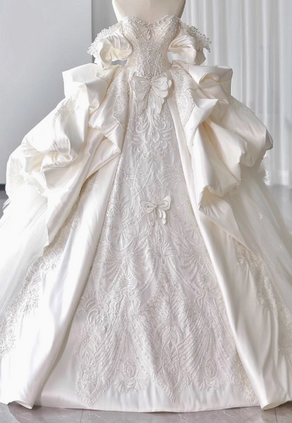 French satin one-shoulder heavy-duty luxury runaway princess floor-length wedding dress P2755