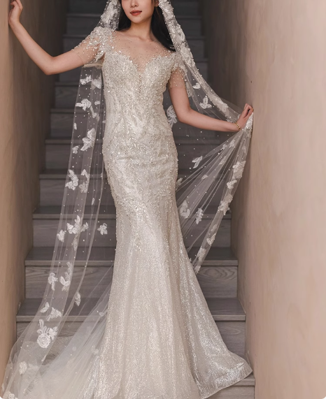 Shiny white mermaid wedding dress with short train P2757