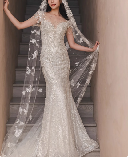 Shiny white mermaid wedding dress with short train P2757