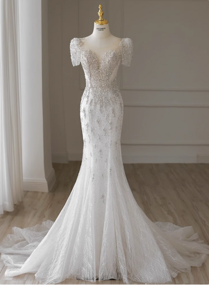 White fishtail French short sleeve wedding dress with back straps and small train P2759