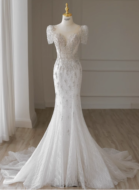 White fishtail French short sleeve wedding dress with back straps and small train P2759