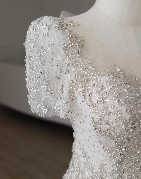 White fishtail French short sleeve wedding dress with back straps and small train P2759