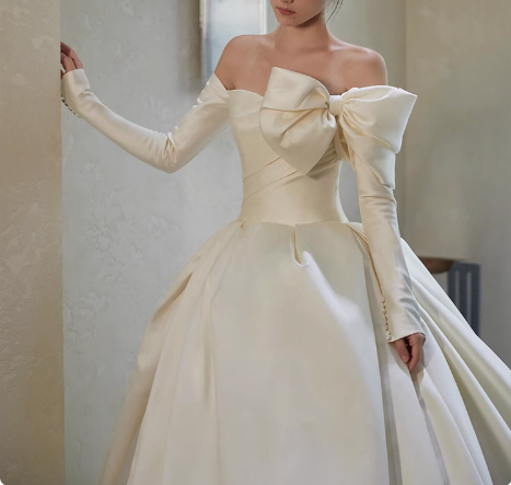 Elegant White One Shoulder Bow Long Sleeve Satin A-Line Wedding Dress P2760