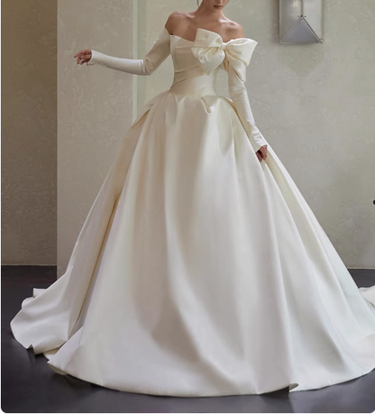 Elegant White One Shoulder Bow Long Sleeve Satin A-Line Wedding Dress P2760