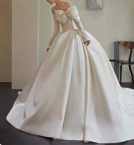 Elegant White One Shoulder Bow Long Sleeve Satin A-Line Wedding Dress P2760