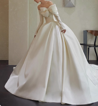 Elegant White One Shoulder Bow Long Sleeve Satin A-Line Wedding Dress P2760