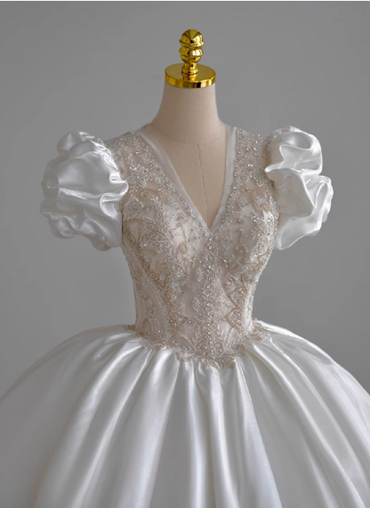 French V-neck puff sleeve beaded white satin floor-length wedding dress P2761