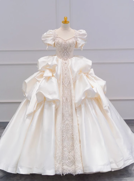French Princess Satin Puff Sleeve Beaded White Floor-Length Wedding Dress P2762