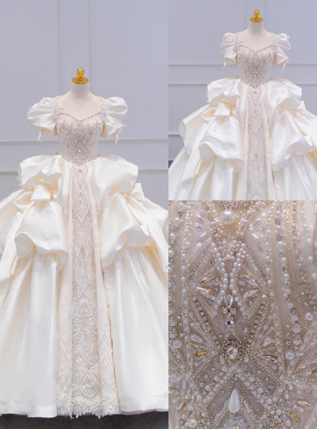 French Princess Satin Puff Sleeve Beaded White Floor-Length Wedding Dress P2762