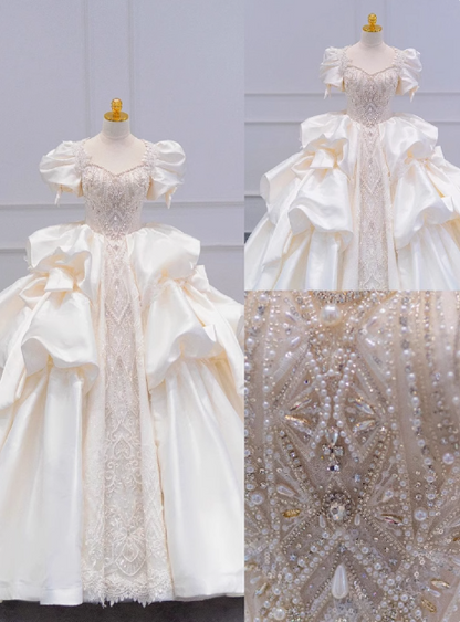French Princess Satin Puff Sleeve Beaded White Floor-Length Wedding Dress P2762
