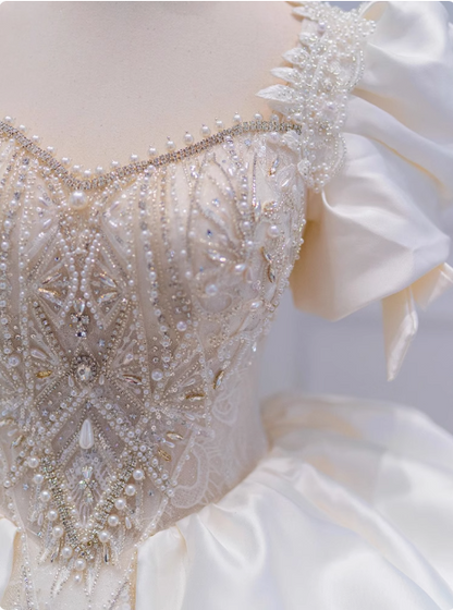 French Princess Satin Puff Sleeve Beaded White Floor-Length Wedding Dress P2762