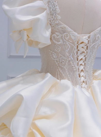 French Princess Satin Puff Sleeve Beaded White Floor-Length Wedding Dress P2762