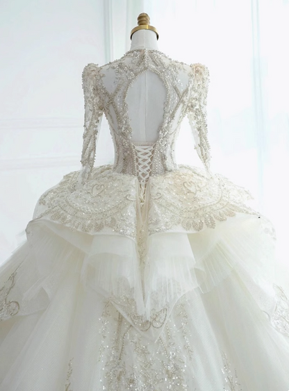 French style long sleeves palace style white heavy luxury beaded A-line floor-length wedding dress P2763