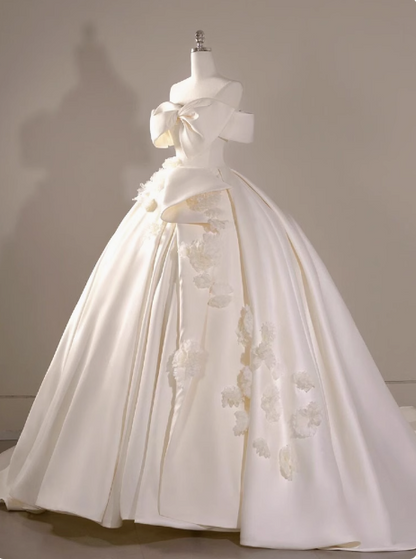 Elegant and simple one-shoulder satin flower white wedding dress P2765