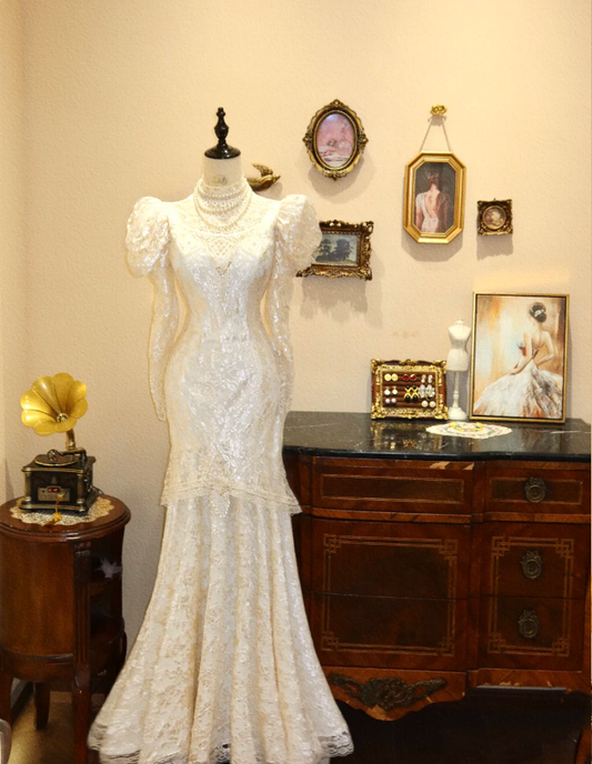 Chic Vintage Mermaid Turtleneck Lace Long Sleeve Elegant Wedding Dress P2768