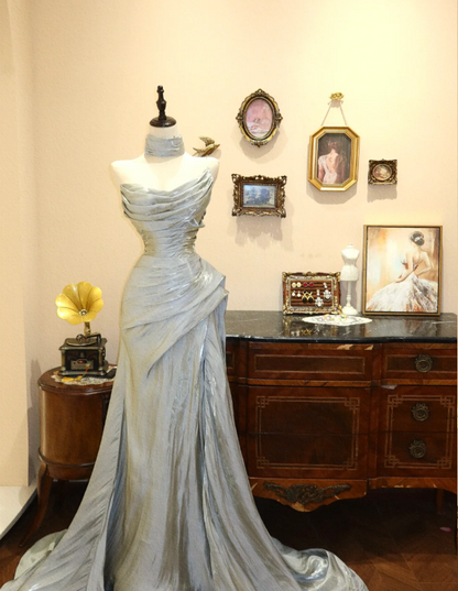 Cool blue tube top mermaid wedding dress with small train P2769