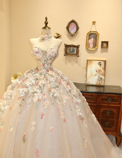Dreamy White Heart-Shaped Collar Floral Tulle Princess A-Line Floor-Length Wedding Dress P2771