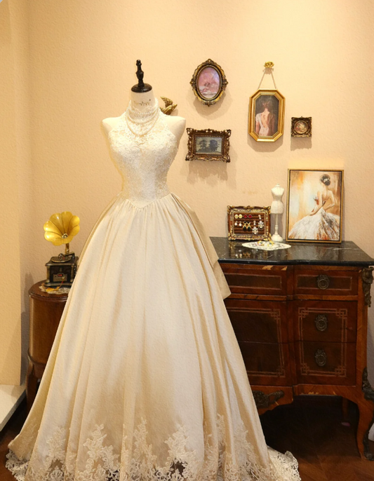 French Retro White Lace Off-shoulder Satin A-line Wedding Dress P2773