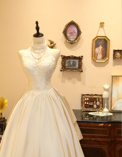 French Retro White Lace Off-shoulder Satin A-line Wedding Dress P2773