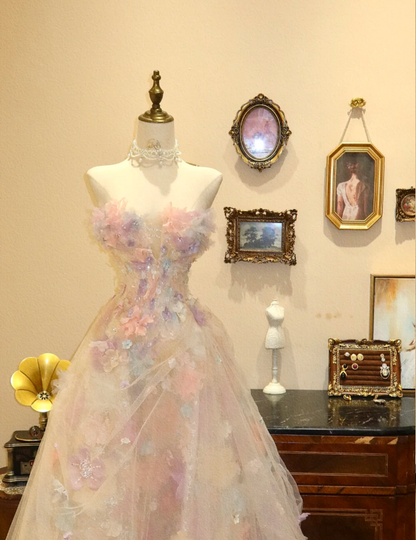 Princess Tulle Flower Strapless A-Line Floor-Length Wedding Dress P2775