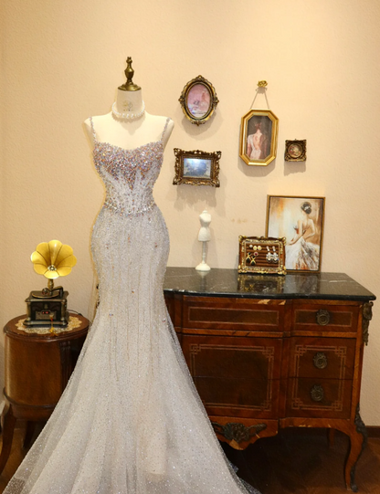 Elegant Strappy White Mermaid Tulle Beaded Wedding Dress P2776