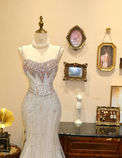 Elegant Strappy White Mermaid Tulle Beaded Wedding Dress P2776