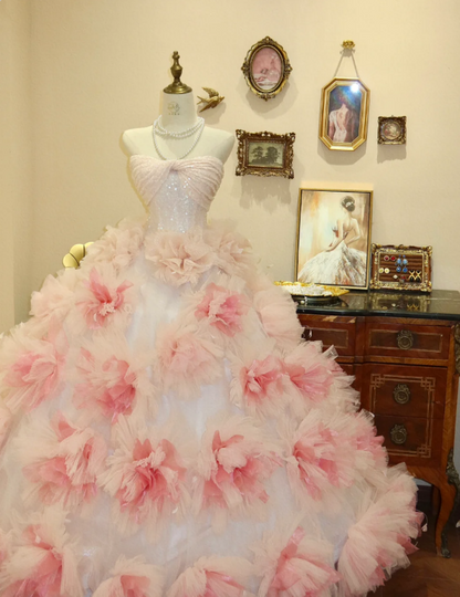 Princess Pink Strapless Floral A-Line Tulle Floor-Length Wedding Dress P2777