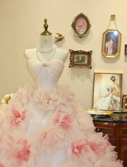 Princess Pink Strapless Floral A-Line Tulle Floor-Length Wedding Dress P2777