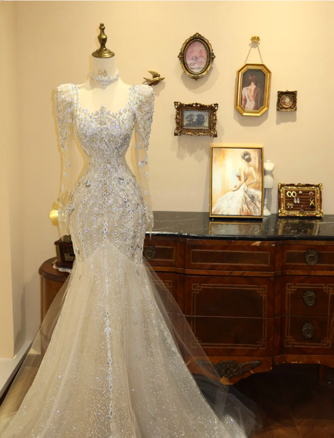 Glittering Square Neck Long Sleeve Mermaid Tulle Wedding Dress P2779