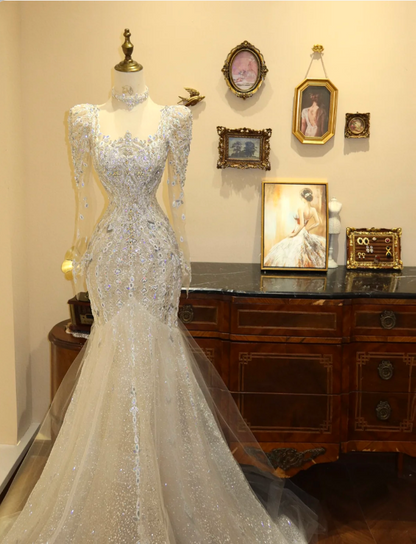 Glittering Square Neck Long Sleeve Mermaid Tulle Wedding Dress P2779