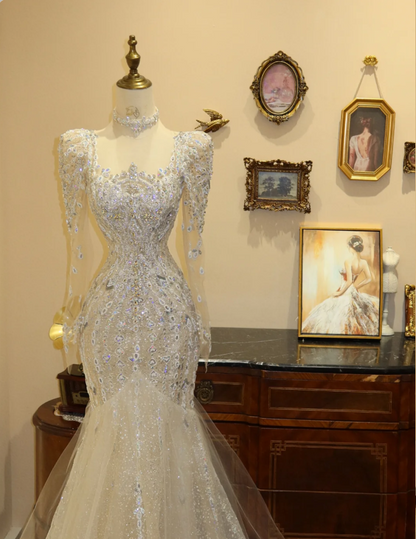 Glittering Square Neck Long Sleeve Mermaid Tulle Wedding Dress P2779