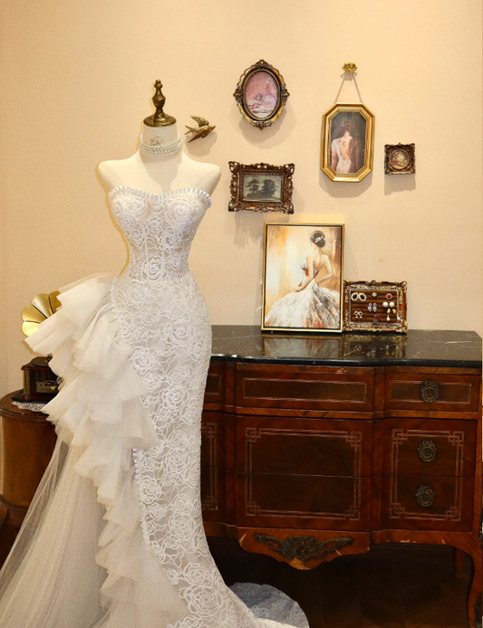 French Retro Lace Tulle Splicing Sweetheart Neck Small Train Wedding Dress P2780