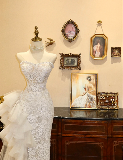 French Retro Lace Tulle Splicing Sweetheart Neck Small Train Wedding Dress P2780