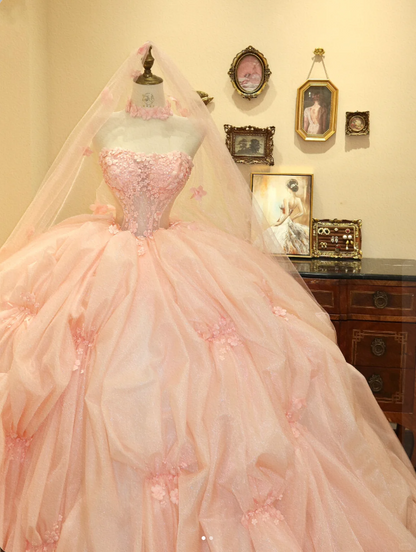 Sweet pink princess tube top fluffy A-line wedding dress P2781