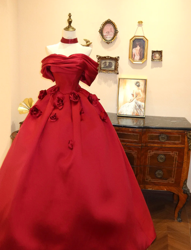 Beautiful red satin one-shoulder A-line floor-length wedding dress P2787