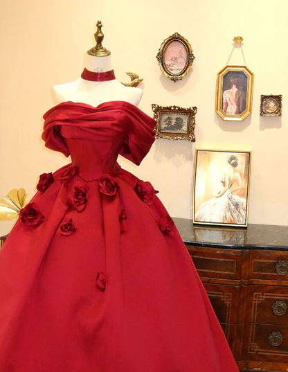 Beautiful red satin one-shoulder A-line floor-length wedding dress P2787