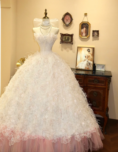 Sweet Princess Tube Top White Flower A-Line Floor-Length Wedding Dress P2790