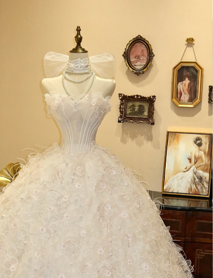 Sweet Princess Tube Top White Flower A-Line Floor-Length Wedding Dress P2790