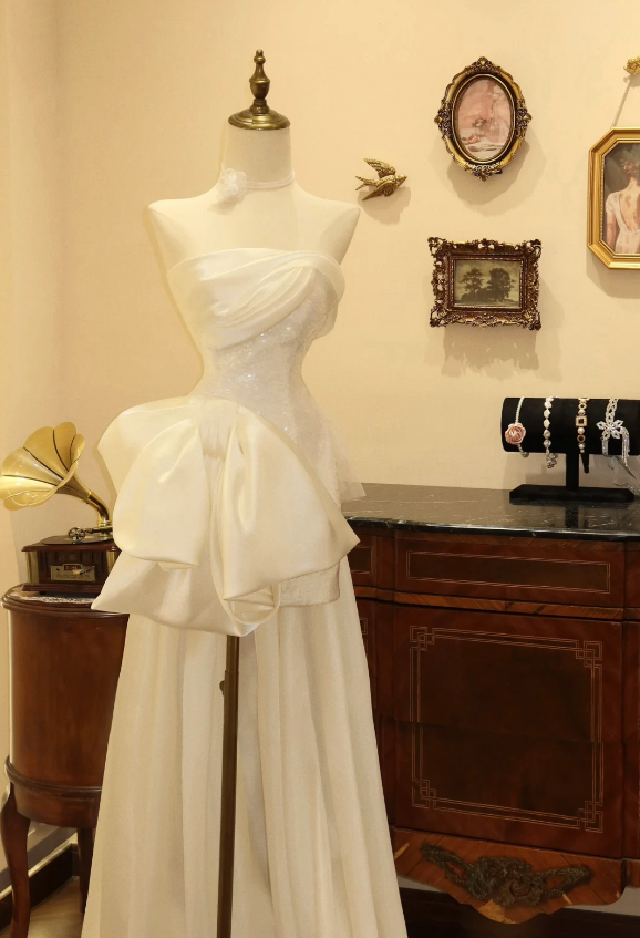 White sequined tube top high-low wedding dress P2794