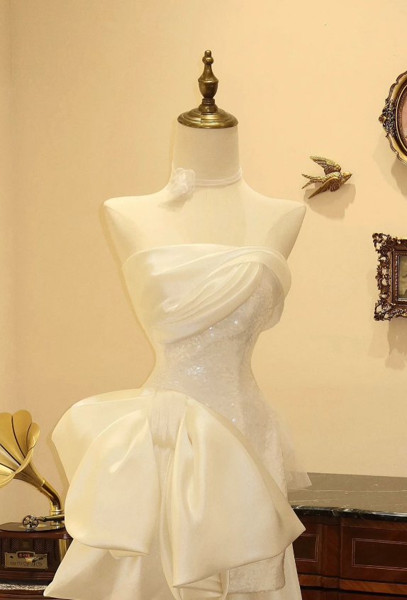 White sequined tube top high-low wedding dress P2794