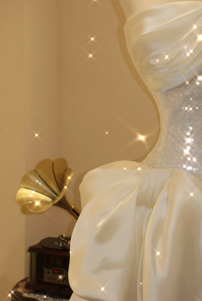 White sequined tube top high-low wedding dress P2794