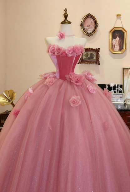 Sweet girl cherry pink tube top flower A-line wedding dress P2795